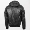 Men's Black Leather Bomber Jacket Bronx Style with Hoodie and Zippered Details back