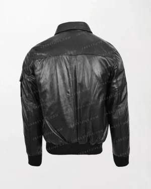 Men's Black Leather Bomber Jacket Bronx Style with Hoodie and Zippered Details back side