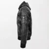 Men's Black Leather Bomber Jacket Bronx Style with Hoodie and Zippered Details left side