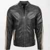Men's Black Leather Jacket with Racing Stripes Clyde Design and Zippered Waist Pockets