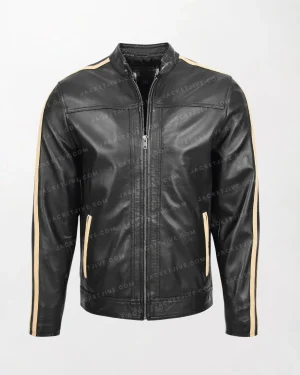 Men's Black Leather Jacket with Racing Stripes Clyde Design and Zippered Waist Pockets