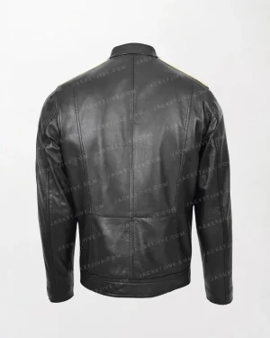 Men's Black Leather Jacket with Racing Stripes Clyde Design and Zippered Waist Pockets back