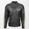 Men's Black Leather Jacket with Racing Stripes Clyde Design and Zippered Waist Pockets front