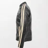 Men's Black Leather Jacket with Racing Stripes Clyde Design and Zippered Waist Pockets left side