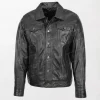Mens Black Leather Rider Casual Jacket with Shiny Finish and Button Closure Collar