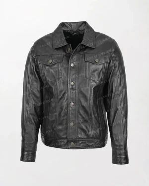 Mens Black Leather Rider Casual Jacket with Shiny Finish and Button Closure Collar