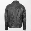 Mens Black Leather Rider Casual Jacket with Shiny Finish and Button Closure Collar Back