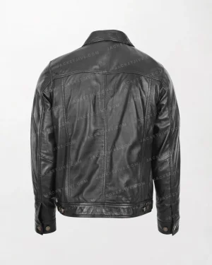 Mens Black Leather Rider Casual Jacket with Shiny Finish and Button Closure Collar Back