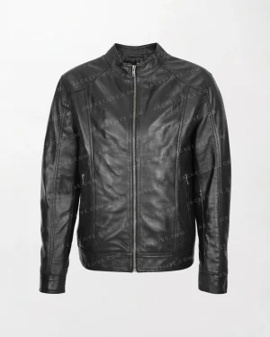 Men's Black Soft Leather Jacket with Casual Plain Design, Matching Collar and Cuffs