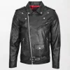 Men's Brando Style Johnny Black Leather Motorcycle Jacket with Red Lining and Zip Closure