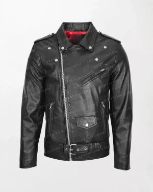 Men's Brando Style Johnny Black Leather Motorcycle Jacket with Red Lining and Zip Closure