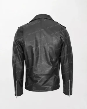 Men's Brando Style Johnny Black Leather Motorcycle Jacket with Red Lining and Zip Closure back