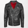 Men's Brando Style Johnny Black Leather Motorcycle Jacket with Red Lining and Zip Closure front