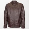 Men's Brown Soft Leather Jacket with Casual Plain Zipper Closure