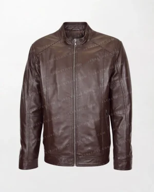 Men's Brown Soft Leather Jacket with Casual Plain Zipper Closure