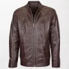 Men's Brown Soft Leather Jacket with Casual Plain Zipper Closure open zip