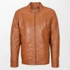 Men's Brown Soft Leather Jacket with Front Casual Plain Zipper