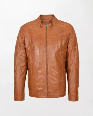 Men's Brown Soft Leather Jacket with Front Casual Plain Zipper