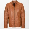 Men's Brown Soft Leather Jacket with Front Casual Plain Zipper open zip
