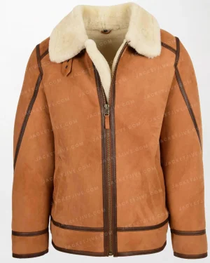 Men's Brown Suede Sheepskin B3 Jacket Dean with White Shearling and Zippered Pockets