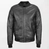 Mens Classic Black Leather Bomber Jacket with Front Zipper
