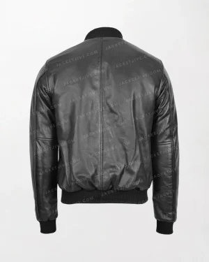 Mens Classic Black Leather Bomber Jacket Front Zipper Ryan Black Back