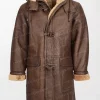Men's Bain Brown Leather Coat with Shearling-Lined Hood and Patch Pockets