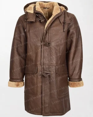 Men's Bain Brown Leather Coat with Shearling-Lined Hood and Patch Pockets