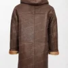 Mens Coat Bain Brown Leather Coat with Shearling-Lined Hood Patch Pockets back