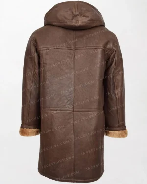 Mens Coat Bain Brown Leather Coat with Shearling-Lined Hood Patch Pockets back
