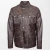 Mens Dark Brown Leather Jacket Shiny Finish with Buckle Collar and Belted Safari Style front