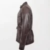 Mens Dark Brown Leather Jacket Shiny Finish with Buckle Collar and Belted Safari Style left side