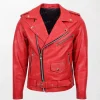 Men's Kyle Heavy Duty Red Leather Biker Jacket with Zippered Chest Pocket