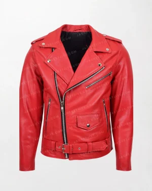 Men's Kyle Heavy Duty Red Leather Biker Jacket with Zippered Chest Pocket