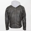 Men's Leather Jacket with Cypher Grey Contrasting Detachable Hoodie and Zippered Pockets back woth hood