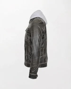 Men's Leather Jacket with Cypher Grey Contrasting Detachable Hoodie and Zippered Pockets left side