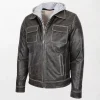 Men's Leather Jacket with Cypher Grey Contrasting Detachable Hoodie and Zippered Pockets
