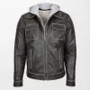 Men's Leather Jacket with Cypher Grey Contrasting Detachable Hoodie and Zippered Pockets