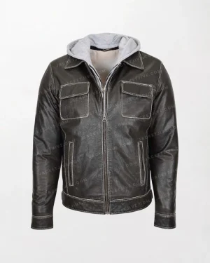 Men's Leather Jacket with Cypher Grey Contrasting Detachable Hoodie and Zippered Pockets