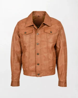 Mens Lee Rider Casual Brown Leather Jacket with Button Collar and Chest Pockets