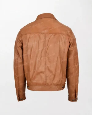 Mens Lee Rider Casual Brown Leather Jacket with Button Collar and Chest Pockets back