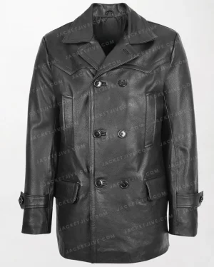 Men's Salcombe Black Leather Peacoat with Slim Fit and Double Breasted Design