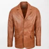 Men's Soft Leather Blazer David in Tan with Classic Three Button Front and Slim Fit
