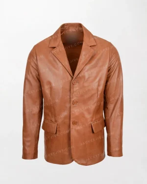 Men's Soft Leather Blazer David in Tan with Classic Three Button Front and Slim Fit