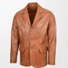 Men's Soft Leather Blazer David in Tan with Classic Three Button Front and Slim Fit left side