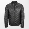 Men's Warren Black Leather Jacket with Quilted Design and Zippered Pockets