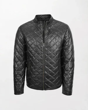 Men's Warren Black Leather Jacket with Quilted Design and Zippered Pockets