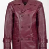 Salcombe Men's Burgundy Leather Peacoat with Classic Pea Coat Style and Regular Fit