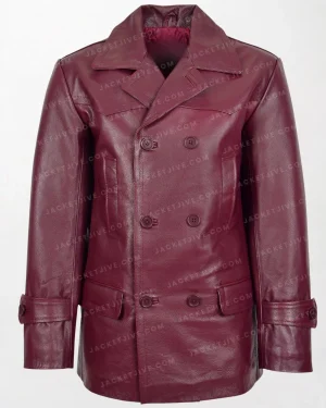 Salcombe Men's Burgundy Leather Peacoat with Classic Pea Coat Style and Regular Fit