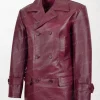 Salcombe Men's Burgundy Leather Peacoat with Classic Pea Coat Style and Regular Fit left side